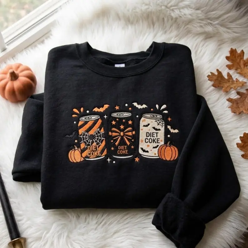 Embroidered Spooky Soda Can Sweatshirt, Halloween Diet Coke Lover Crewneck, Embroidered Soda Sweatshirt, Ghost Halloween Sweater, Cozy Fall Unisex Pullover