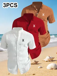 3-Pack Men's Summer Short Sleeve Shirts, Breathable Solid Collar Button-Up, Ideal for Beach Pool, Casual Swimwear, Perfect for Summer, Casual Summer Style