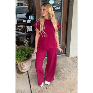 Zenana Women's 2-Piece Matching Knit Set - Soft Round Neck Short Sleeve Ribbed Tee and Elastic Fabric Pants, Chic, Minimalist, Comfortable, Versatile for Everyday Wear, Accessory-Ready