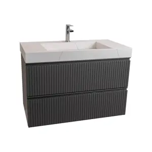 Ares 35.5 Matte Grey Cabinet, Solid Surface Matte White Top Carrara Infinity Sink, Wall Mounted Modern Vanity Set Bathroom Faucet