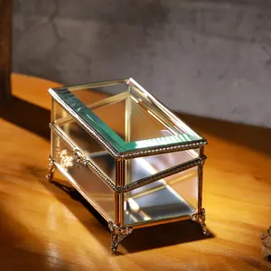 Glass Vintage Jewelry Box Keepsake storage Trinket Ring Display Box Home Decor Beveled Clear Glass Box Organizer (6.8x3.9x3.5)