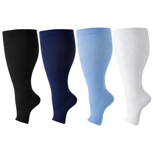 4 Pairs Plus Size Wide Calf Compression Socks, 2XL-4XL Knee High Open Toe Support Socks, Breathable Moisture Wicking Socks for Men Women Nurses Pregnancy Running Travel Daily Use