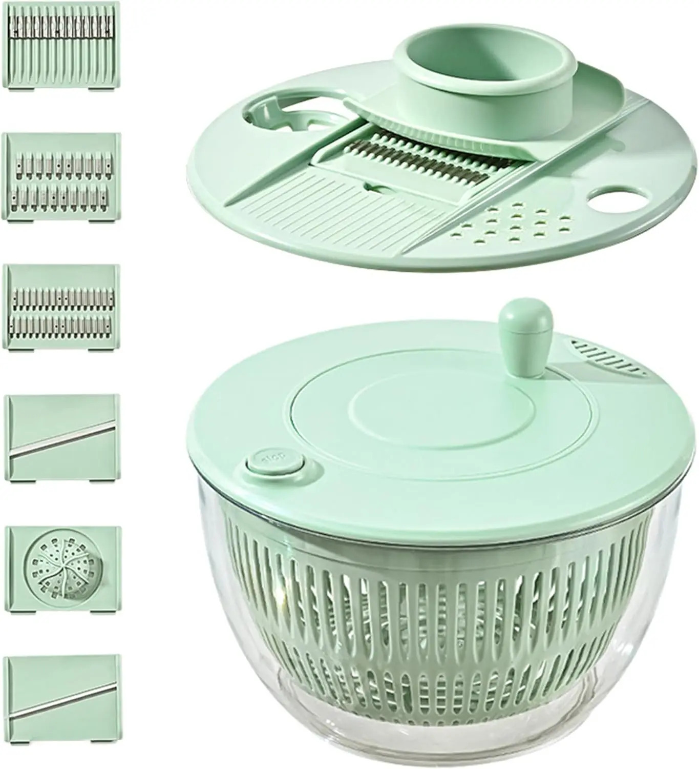 5.3 Qt 6-in-1 Rotating Salad Spinner - No Battery Needed Kitchen Accessory,Large Plastic Fruit & Vegetable Tool with Washing Bowl,Strainer,5-Blade Slicer,Egg Yolk Strainer,Salad Bowl,Citrus Juicer Lid,Cheese Prep Tool,360° Handle Spins Water Away