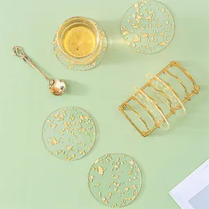 8pcs Luxury Acrylic Coasters with Golden Leaf Pattern | Heat-Resistant Round Table Protectors, Elegant Transparent Drink Coasters for Tea/Coffee, Scratch-Resistant, Easy-to-Clean, Ideal for Home and Office Decor, Durable Protective Coasters