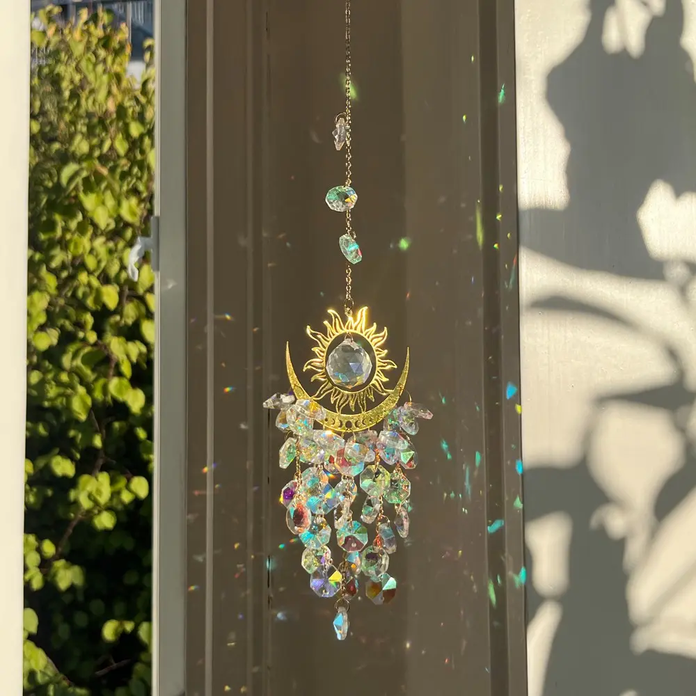 Crystal Sun and Moon Suncatcher - Nature-Inspired Rainbow Light Catcher Wind Chime for Window Hanging, Mood-Boosting Indoor Outdoor Decor, Garden Accessories to Harmonize Home & Garden Ambiance, Windchimes