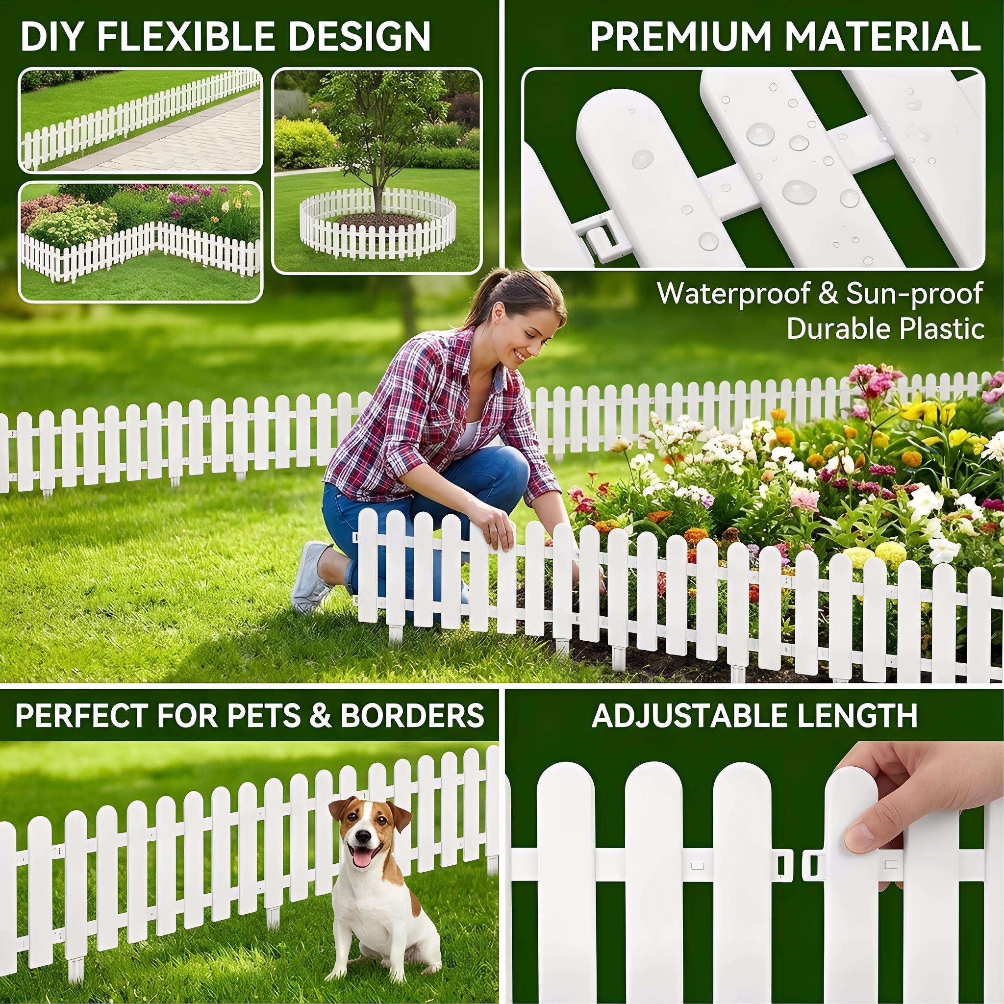 8-Pack Outdoor Pet Plastic Fence – Push-In Ground Stakes for Easy Installation – Keep Dogs & Cats Safe in Yard – Prevent Escape & Wandering – Protect Lawns, Flower Beds & Gardens – DIY Adjustable Barrier for Backyard, Patio & Garden