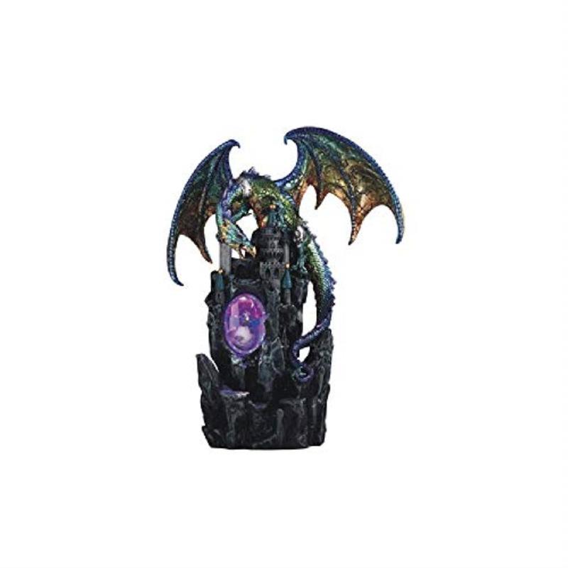 Green and Purple Dragon on Castle with LED Light up Wizard Fantasy Figurine New