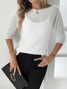 Women's Plain Loose-Fitting Thin French Minimalist Mid-Sleeve Round Neck Knitwear Sweater, Comfortable Casual Wear for Spring Summer Fall