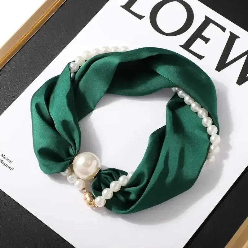 Women Lightweight Sheer Scarf Pearl Magnetic Buckle Neck Wrap, Thin Gauze Neck Gaiter Fashion Accessory, Elegant Minimalist Long Narrow Scarf, Soft Breathable Wrap for Spring Summer Fall Daily Wear