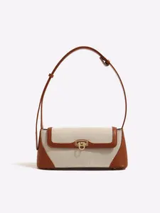 Canvas Patchwork Messenger Bag, Vintage Buckle Design, Casual All-Season Commuter Bag, Plain Pattern, PU Material
