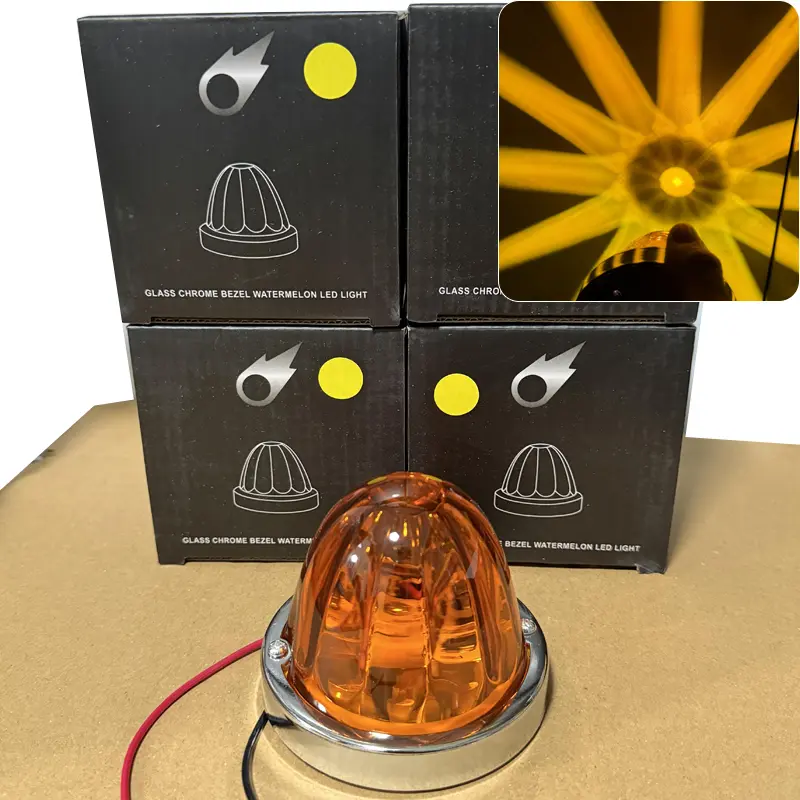 2 Pieces Glass Lens LED Watermelon Lights Amber Side Marker Turn Signal with Stainless Steel Bezel for Kenworth Peterbilt Freightliner Commercial Grade Safety