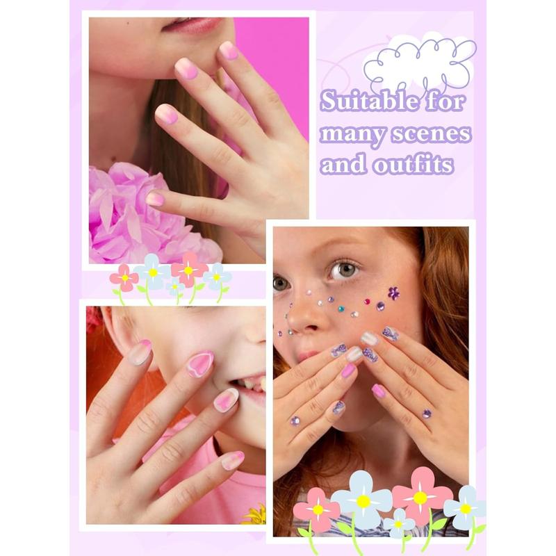 130 Pieces Press on Nails for Kids, EBANKU 5 Pack Kid Fake Nail Kit Old Cute Flower Mermaid Heart Press on Nails for Girls 8-12 Years with Jelly Nail Adhesives & Nail Builder Glue