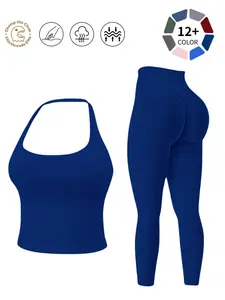Halter Neck Backless Yoga Set - 12+ Colors, Seamless 2-Piece Workout Outfit with Butt Lifting Leggings, Buttery Soft & Squat-Proof for Gym, Yoga & Everyday Wear, Backless Gym Clothes, Workout Sets