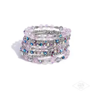 Sizzling Stack Multi Bracelet with Silver Beads Opalescent Pink Fuchsia Blue Zircon Light Rose Iridescent Rhinestones and Transparent Light Pink Faceted Beads
