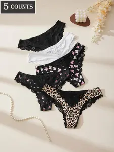 Dorsu Women's High Stretch Fitted Lace Thong Panties Set, Butterfly Floral Leopard Design, Soft Skin-Friendly Fabric, All Seasons Wear