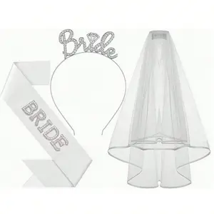 3-Piece Bridal Set Including Trailing Veil Rhinestone Hairband Pearl Bride sash Perfect for Bride shower Bridesmaid Photoshoots Bachelorette Party Costume Gift Western Wedding Veil