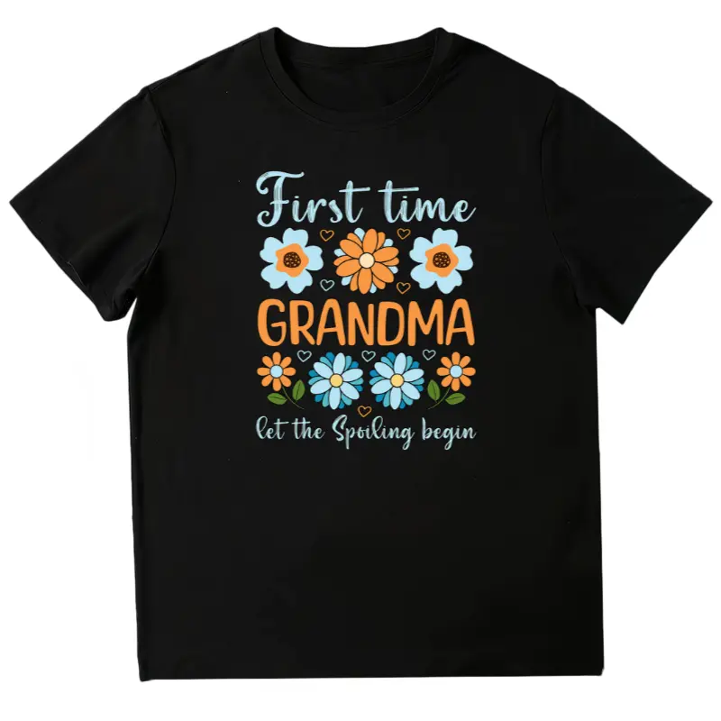 Women's First Time Grandma T-Shirt - New Grandmother Gift with Footprints & Prints, Short Sleeve Crew Neck Casual Top Suitable for Grandma Visits, Family Photoshoots, Showers - Heartwarming Keepsake Apparel