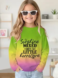 Long-sleeved crewneck drop-shoulder sweatshirt top T-shirt with yellow-green-pink gradient letter digital printing, long-sleeved T-shirt clothing for girls in spring and autumn, 100% polyester, the best gift for girls