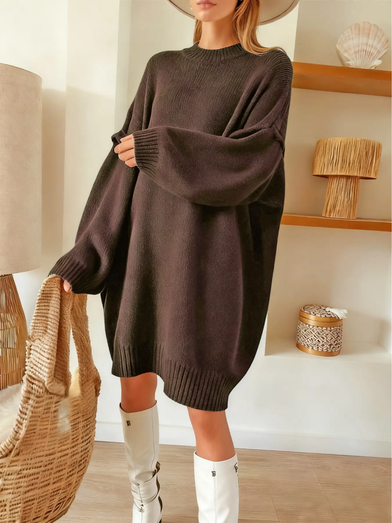 slim fit dress slacks Parchment Cable Knit Drop Shoulder Loose Fit Sweater Dress – Probably Preppy main image 0