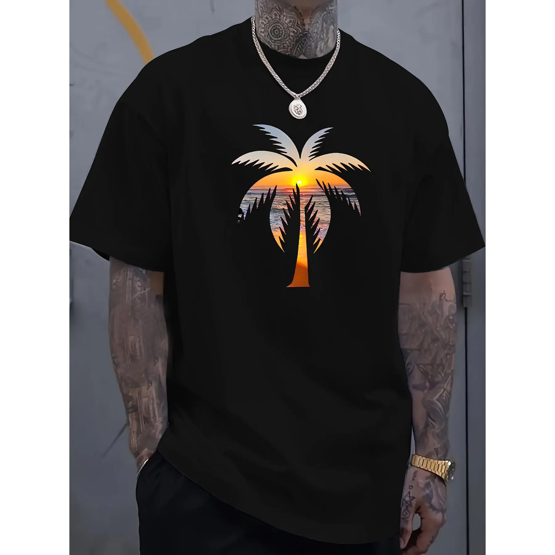 Men's Soft Elastic Ribbed Twill Sports Top - 1pc Summer Casual Crew Neck Short Sleeve T-Shirt, Sunset Coconut Tree/Alphabet Print, Regular Fit, Hidden Straps, Sporty Chic Love-Inspired Athleisure Wear, Male, Seamless Arms, Double-Stitched, Multi-Size, Coc