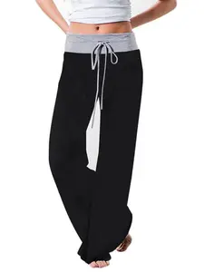 Women's Patchwork Drawstring Waist Wide Leg Pants, Casual Sporty Trousers, Casual Comfy Trousers for Spring & Fall, Women's Bottoms for Daily Wear, Womenswear