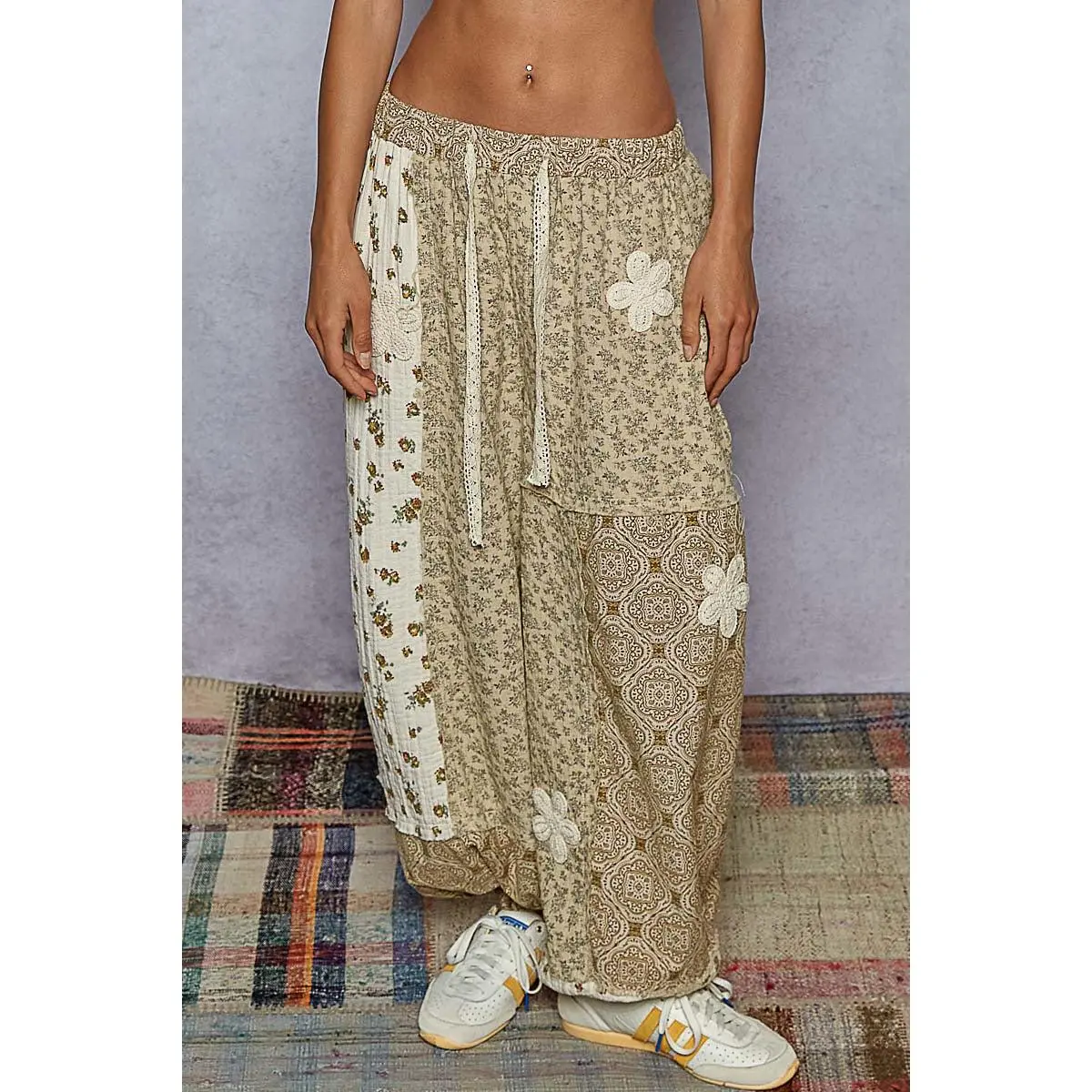 Women's Bianca Floral Printed Patchwork Woven Fit Bottom Pants, Crochet-Accented Casual Bottoms