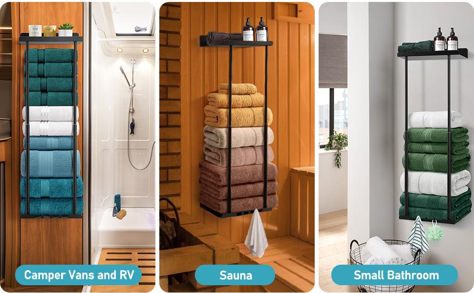 Bathroom Retractable Towel Storage Rack, Towel Racks for BathroomWall Mounted 30 inch with Shelf Can Holds 6 Large Towels,Wall Mount Towel Rack for Rolled Towels, Black