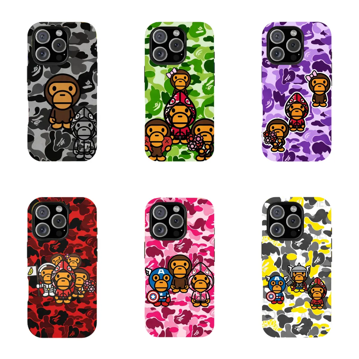 Bape Camo Shockproof Phone Case for iPhone 17 16 15 14 13 12 11 Pro Max Plus & Samsung Galaxy S23 FE S22 S23 – 2-Layer Hard Rubber Impact Protection – Glossy UV Printed Design