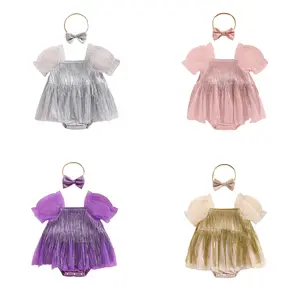 Newborn Sequin Fringe Romper Dress Sparkling Tassel Puff Sleeve Tulle Romper Headband Baby Girls Summer Clothes