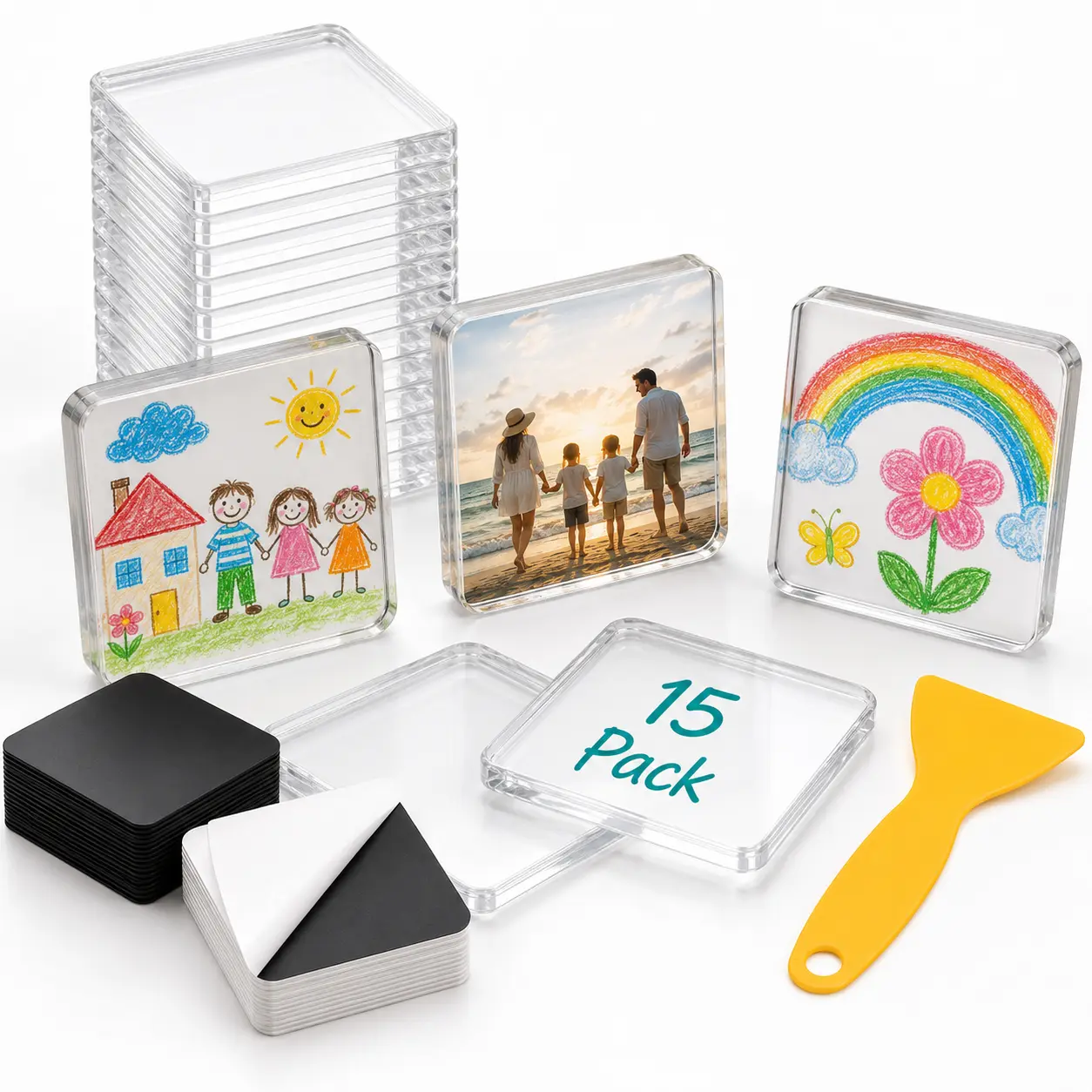 Magnetic Photo Frames 2"x2", Clear Acrylic DIY Refrigerator Magnets, 15 Sets with Adhesive Magnetic Backing – Square Picture Magnets for Crafts, Kitchen, Classroom, Parties, Offices & College Dorm Essentials