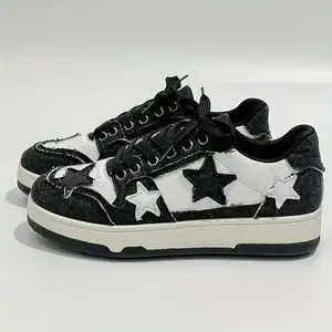 Women's Lightweight Breathable Vintage Star Patterned Casual High Top Sneakers Non Slip Sole Four Seasons Skateboard Running Shoes Black