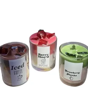 Berry Mood Iced Drink Candle Trio - Iced Coffee, Strawberry Latte & Matcha - Handcrafted Realistic Scented Candles with Faux Ice Cubes for Home Decor