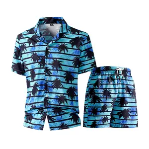 Men's printed summer shorts set, quick drying, breathable, comfortable, loose straight drawstring shorts shirt two-piece set, fashionable and casual, street beach, swimming pool