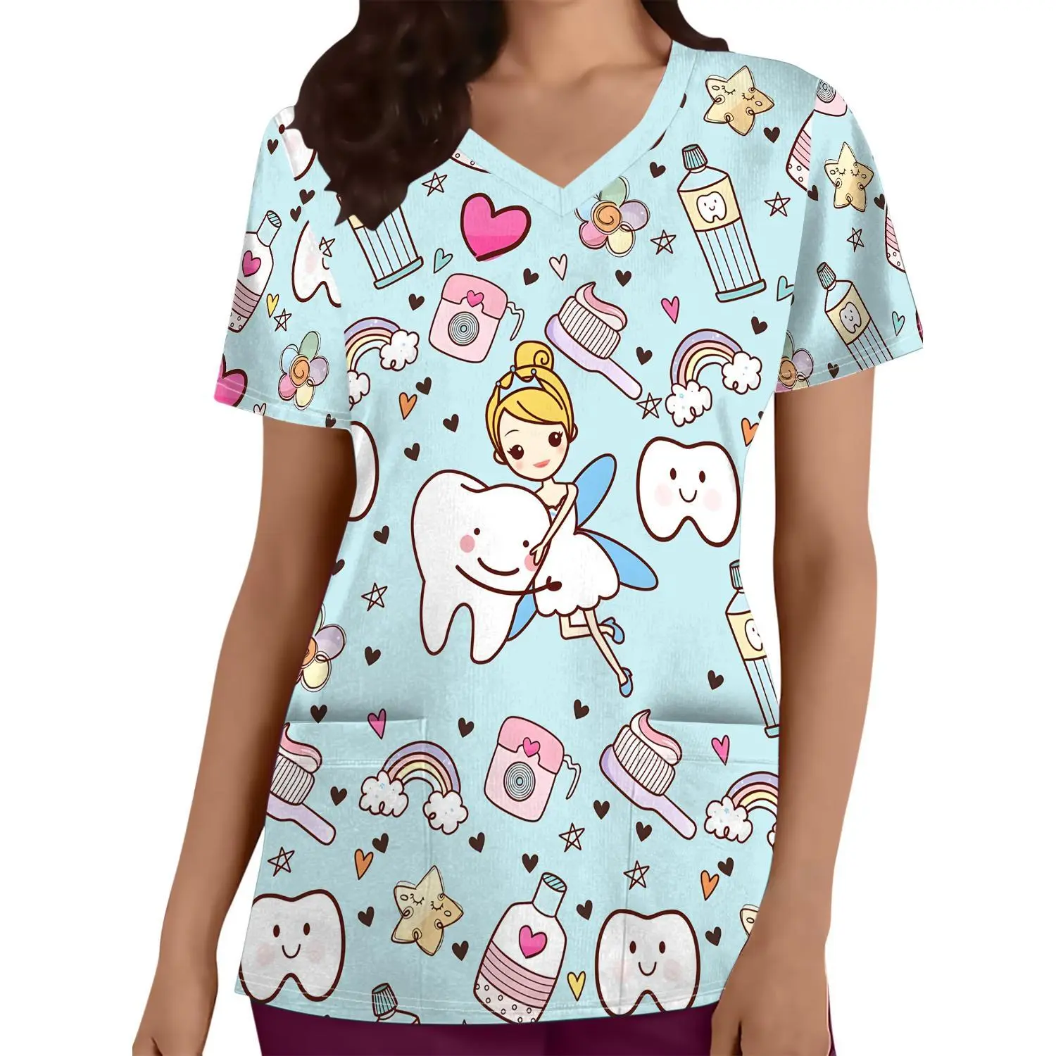 Fairy-Themed V-Neck Nurse Tops with Pockets - Comfortable Short-Sleeve Women's Clothing & Practical Uniforms
