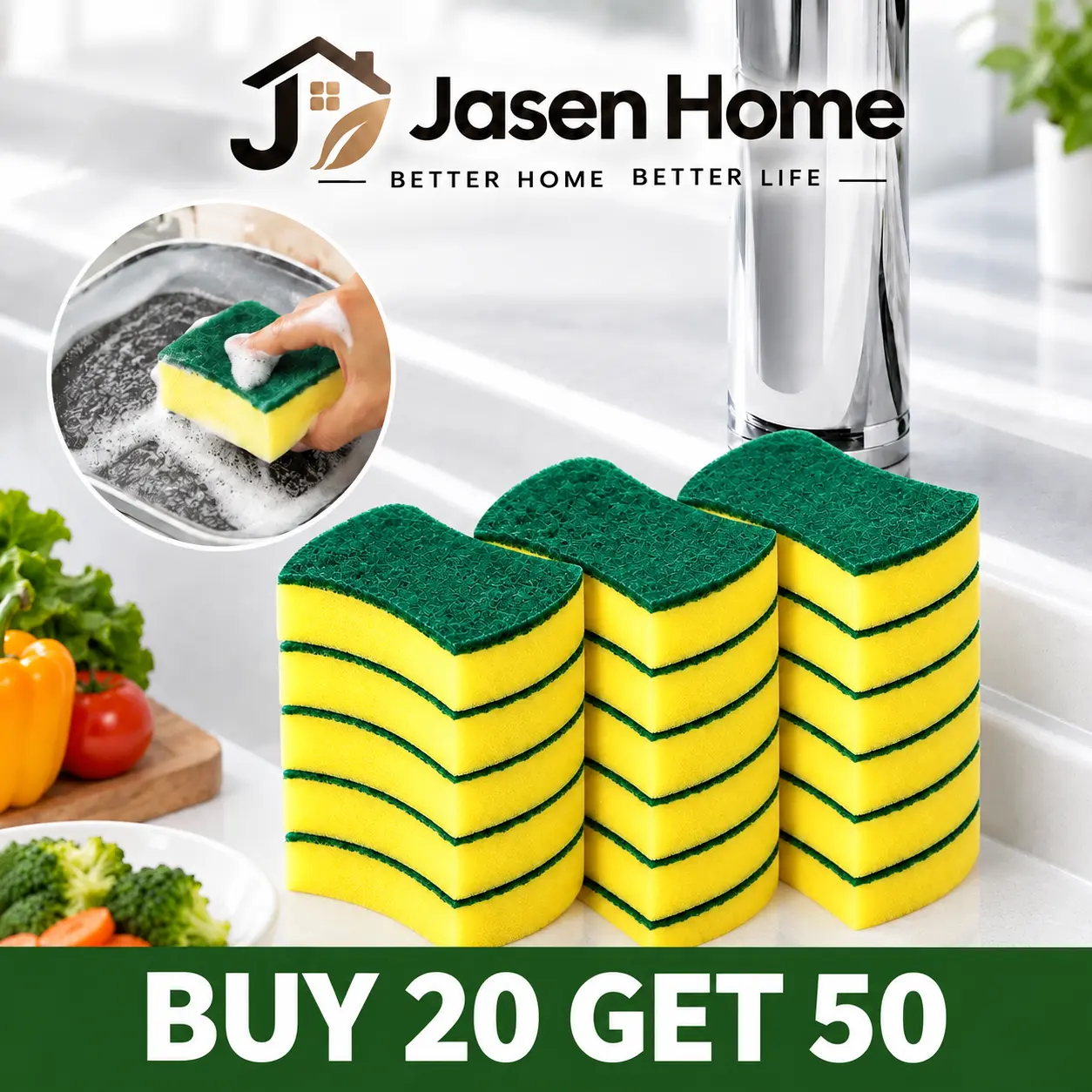 【Buy 20 Get 50】Double-Sided Dish Sponges & Scrubber Pads, Foldable Multi-Surface Cleaning Sponges for Dishes, Pots, Pans, Kitchen Sinks and Bathrooms