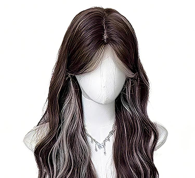 Lotfon Women's non-adhesive synthetic wig, Brown with white highlights big wave style, adjustable head circumference, comfortable fit, easy to wear, lightweight and breathable, instantly changes your style, suitable for daily wear and cosplay.