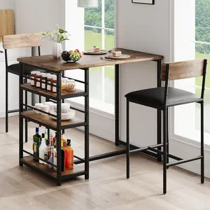 【Christmas Gift】Rustic Brown 3-Piece Counter Height Bar Kitchen Table Set with 3 Storage Shelves for Small Spaces, Apartment, Dining Table and 2 Upholstered Bar Height Chairs