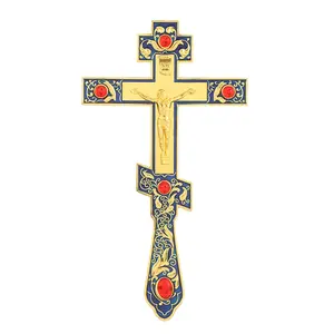 13.7" Orthodox Cross, Orthodox Pray Crucifix, Orthodox Handheld Crucifix, Zinc Alloy Gold Plated Blessing Cross, Orthodox Christian Altar Tabletop Ornament Religious Decoration for Church, Home Devotion, Prayer, Baptism and Religious Gift, Easter