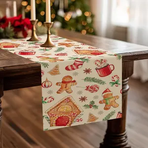 1Pc, Christmas Gingerbread Man House Dining Table Runner, Xmas Peppermint Candy Ball Stocking Coffee Kitchen Decoration, Winter Holiday Indoor Outdoor Home Decor Party Supply