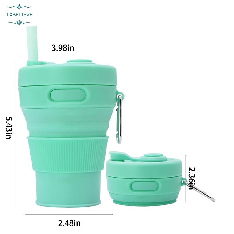 Silicone Coffee Mug Collapsible Cups for Camping Folding Travel with Straw Reusable Portable Drinking Cups Outdoor Hiking 450ml (Green-450ml, 1)