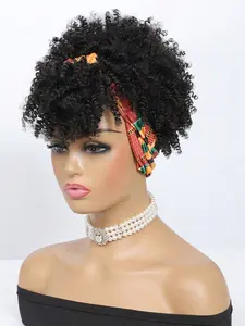 Women's Headband Wig, Afro Kinky Curly Design, Synthetic Short Hair, All-Season Wear, Headband & Hat Included, Short Bob Wigs