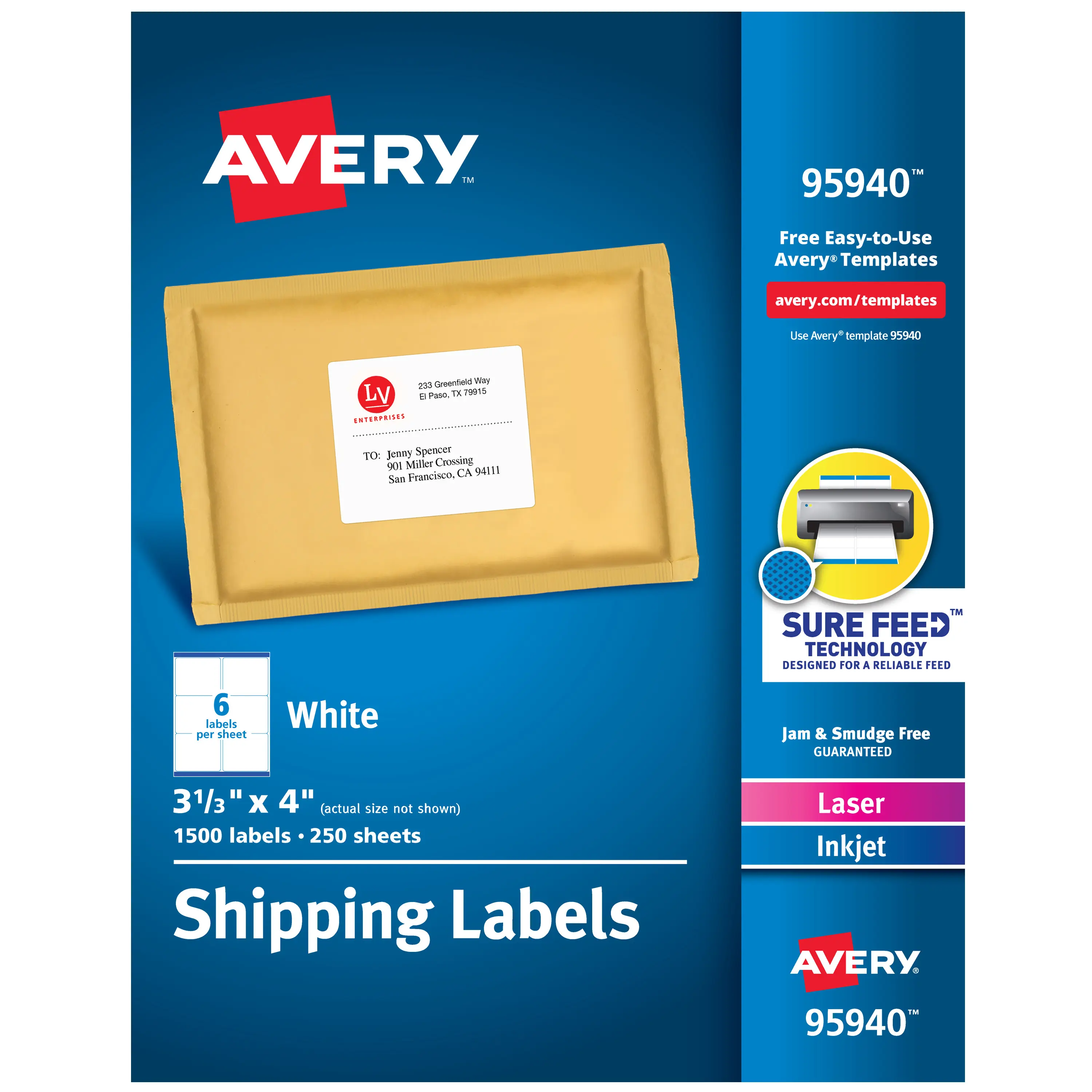 Avery Printer Shipping Labels with Sure Feed Technology, Permanent Adhesive, 3-1/3" x 4", 1,500 Labels for Large Labeling Needs (95940)