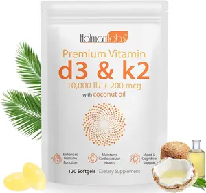 Vitamin D3 K2 Supplement Softgel, Vitamin D3 K2 Softgel with 10000 IU Supports Immune, Teeth Health, Free of GMO, Gluten, Soy, 120 Softgels