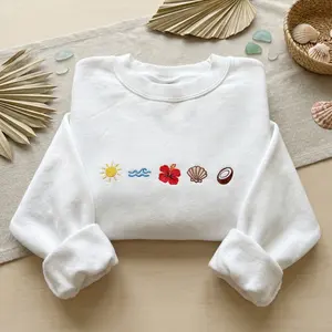 Seashell Coconut Tropical Flower Embroidered Sweatshirt, Summer Beach Embroidery Tee, Island Vacation Crewneck, Coastal Vibes Sweatshirt for Her