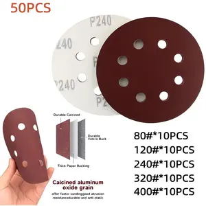 50 Sheets 5-Inch 8-Hole Sandpaper, Aluminum Oxide Grain, Durable Thick Paper Backing, 80/120/240/320/400 Grit, Multiple Grits, Perfect Fit for Random Orbit Sander, Ideal for Woodworking, Relief Sanding and DIY Projects, Various Sanding Needs