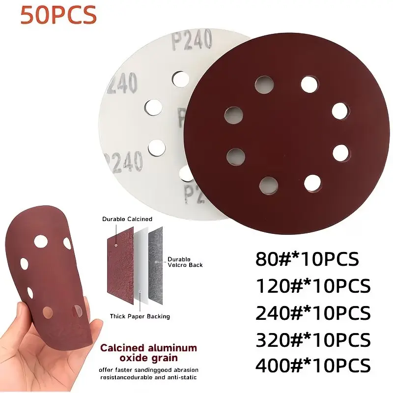 50 Sheets 5-Inch 8-Hole Heavy Sandpaper, Aluminum Oxide Grain, Durable Thick Paper Backing, 80/120/240/320/400 Grit, Multiple Grits, Perfect Fit for Random Orbit Sander, Ideal for Woodworking, Relief Sanding and DIY Projects, Various Sanding Needs