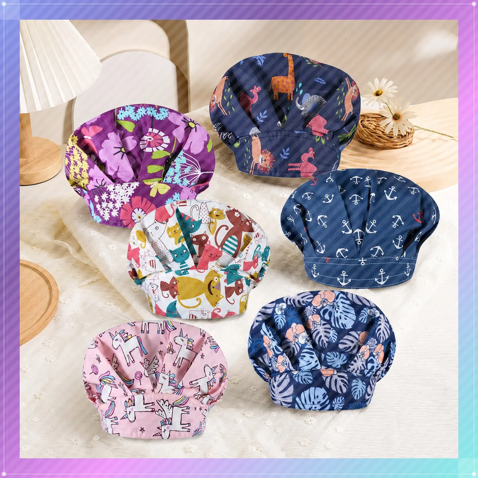 Bouffant Caps with Button and Sweatband 6 Pack Adjustable Scrub Caps for Women Men Surgical Nursing Caps Shower Purple with Blue Pink Flowers Medical Hat