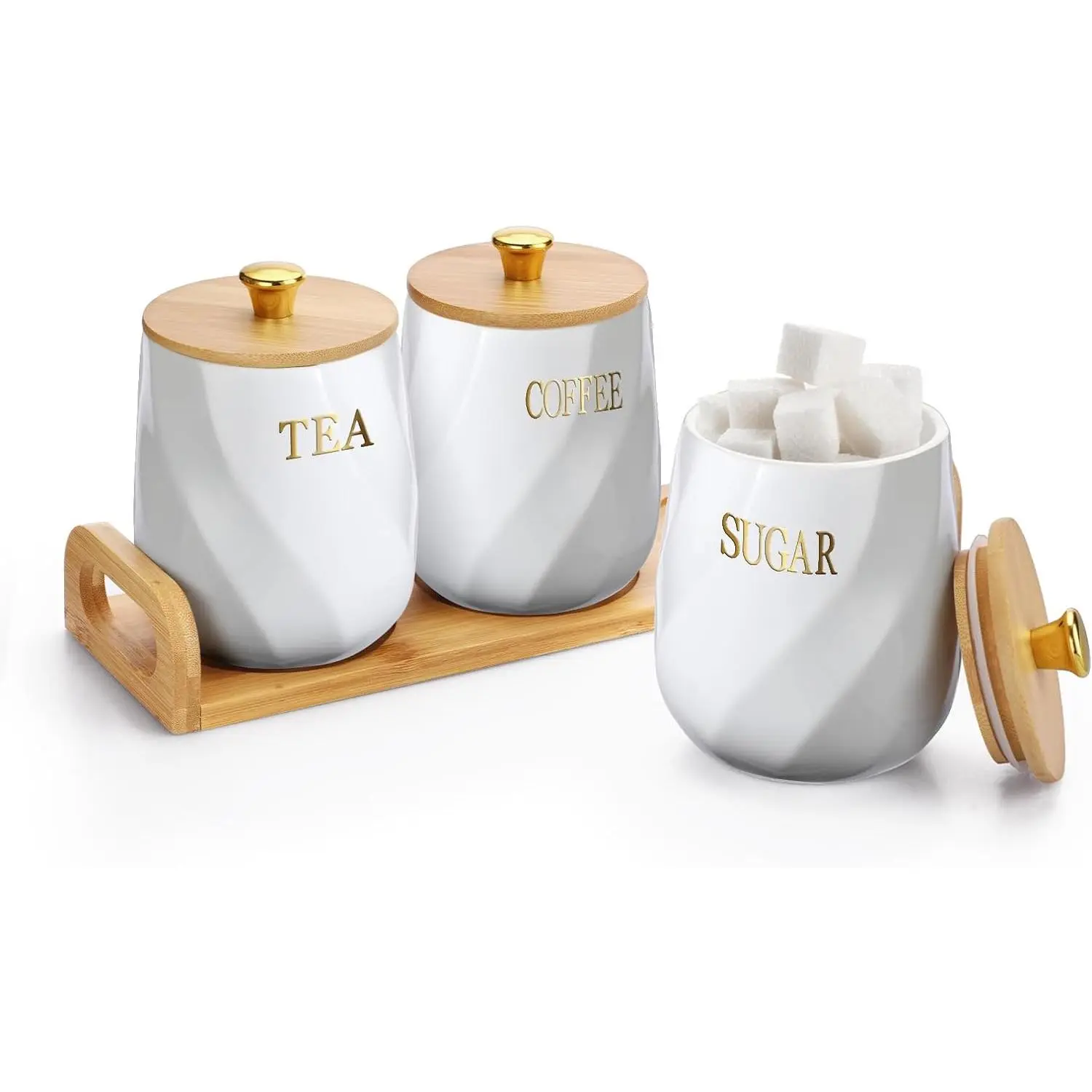Set of 3 Ceramic Canisters Set for Sugar Coffee  With Handle Tray, Luxurious Storage Containers Sets with Lids Decorative Storage Pots White Ceramic Storage Jar for Kitchen Dining Room