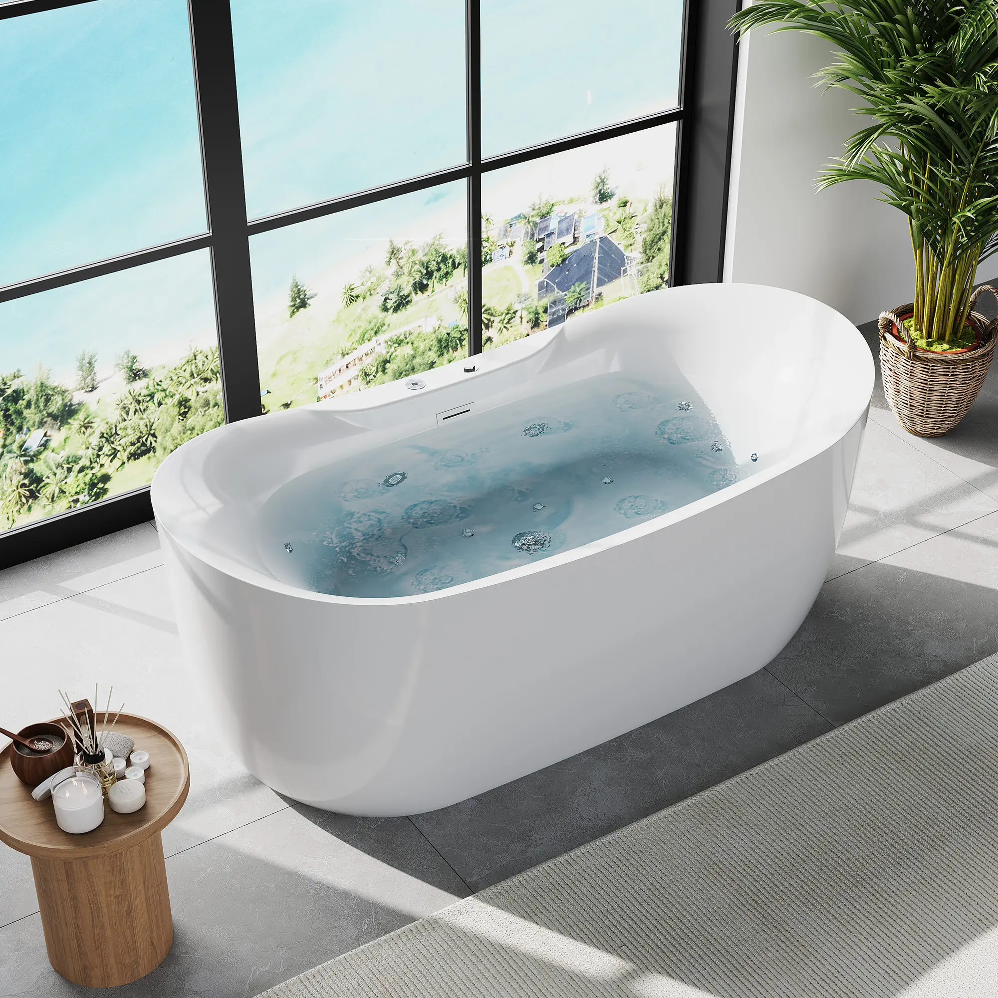 71" Freestanding Whirlpool Bathtub, Acrylic Soaking Tub with Dual Massage (Whirlpool Jets & Air Bubbles), Integrated Heater, LED Color Therapy Light, High-Gloss White