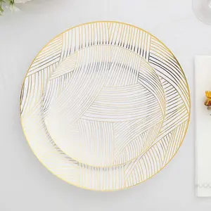10-Pack Plastic Round Dessert Plates 7" White with Gold Wave Brush Strokes Pattern - Disposable Appetizer Salad Plates for Modern & Sophisticated Tablescape